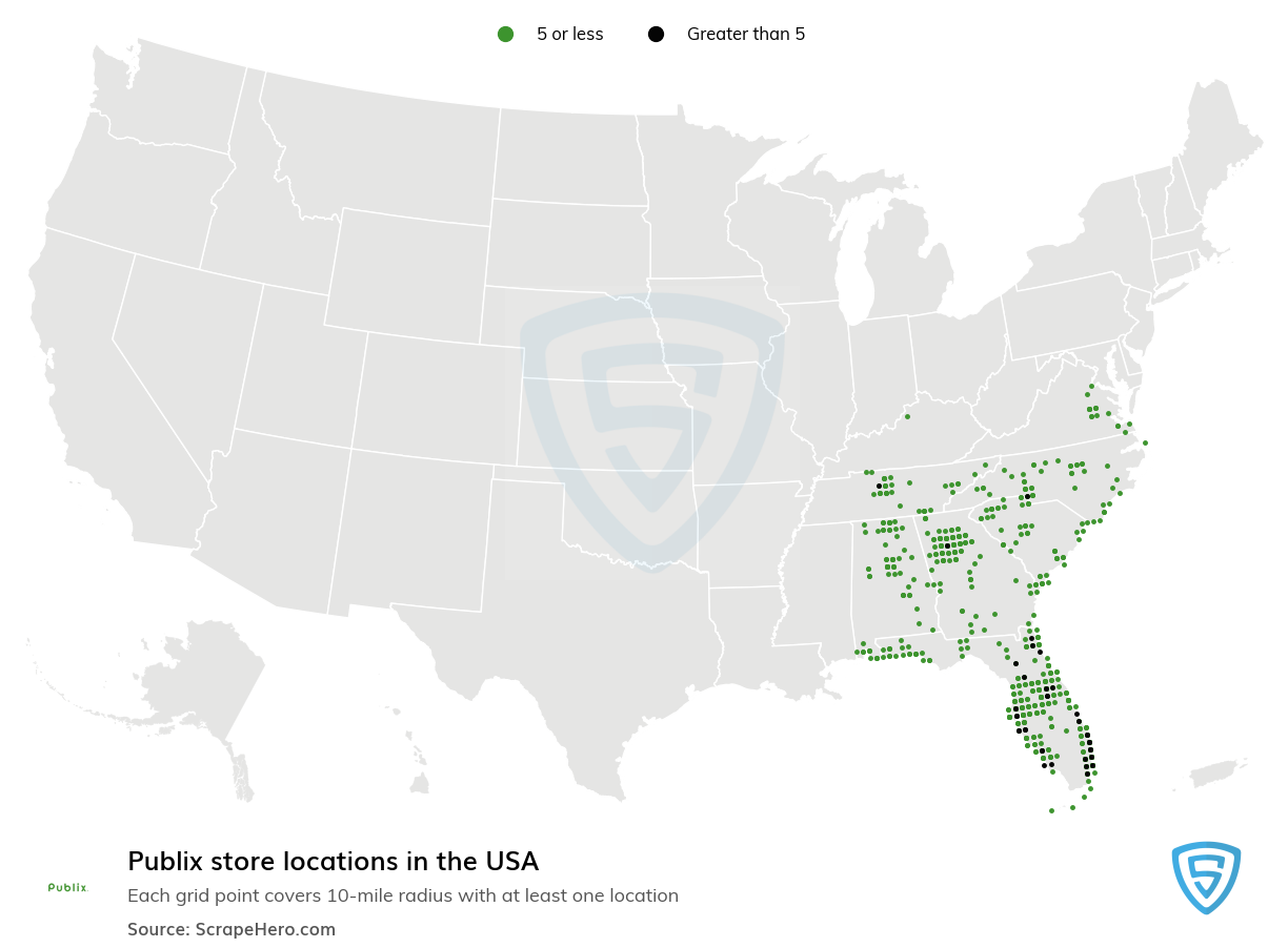Map of Publix retail stores in the United States