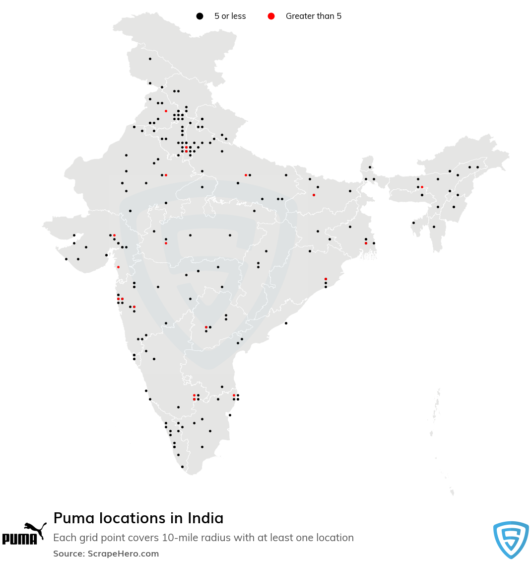Map of Puma locations in India in 2022