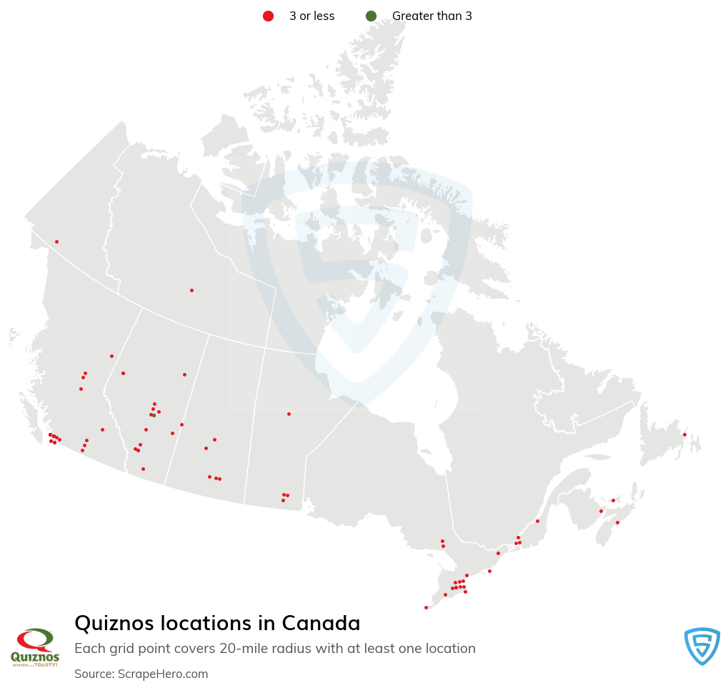 Map of Quiznos restaurants in Canada