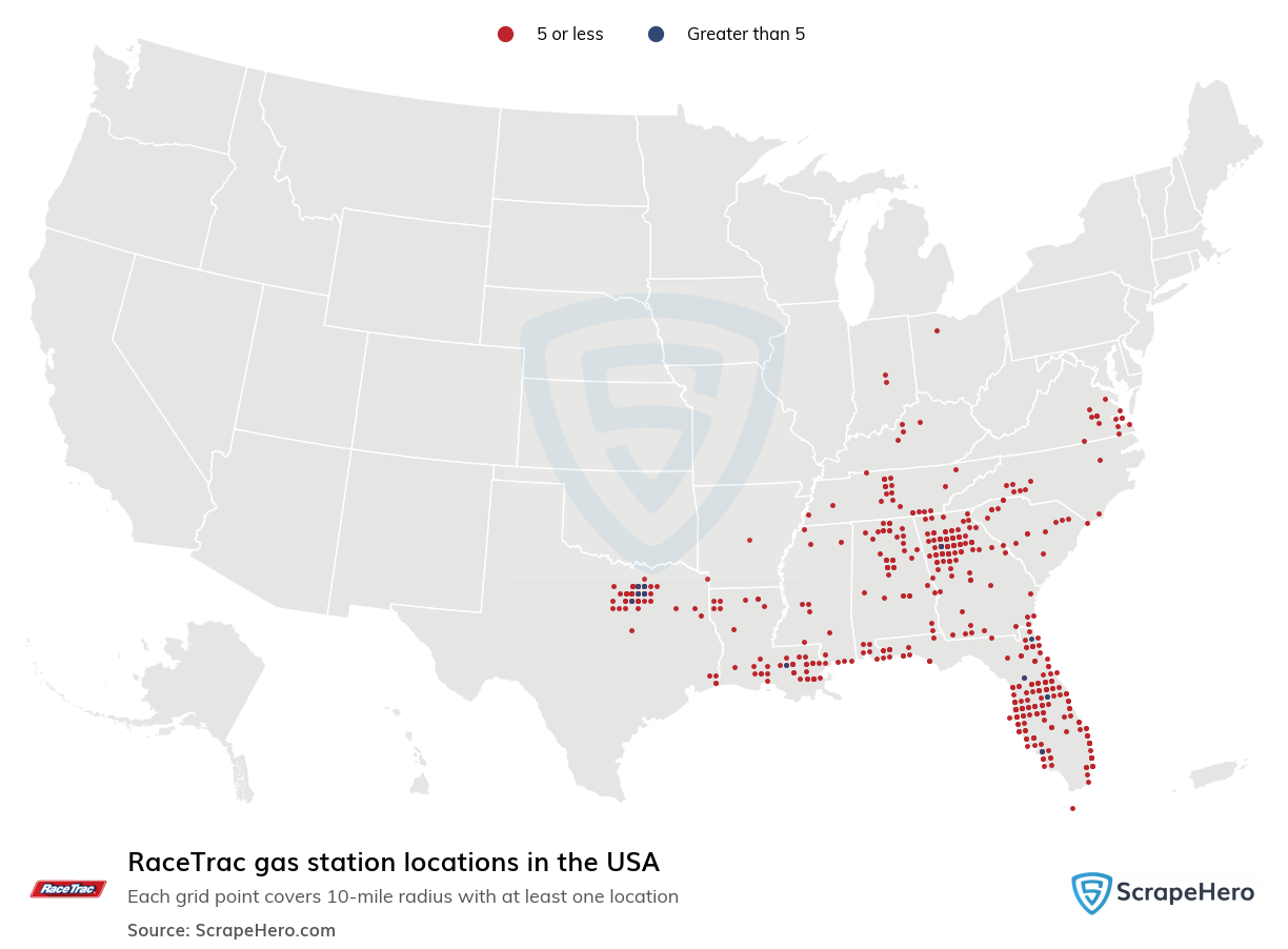 Map of RaceTrac gas stations in the United States