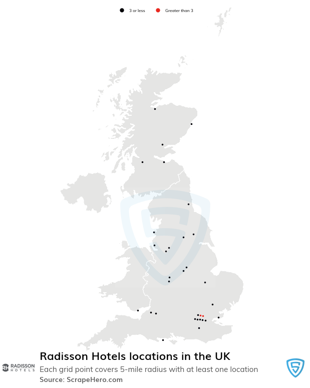 Map of Radisson Hotels locations in the United Kingdom