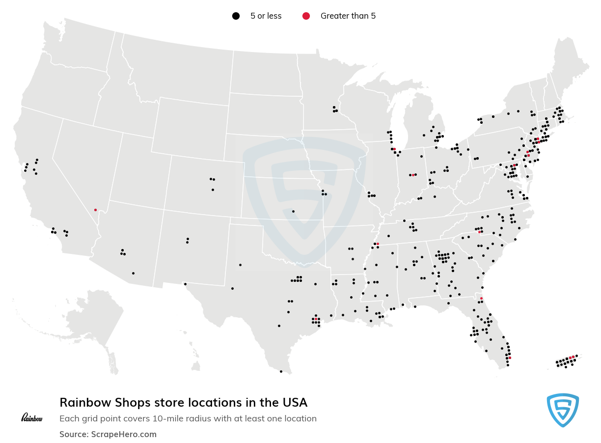 Map of Rainbow Shops locations in the United States in 2022