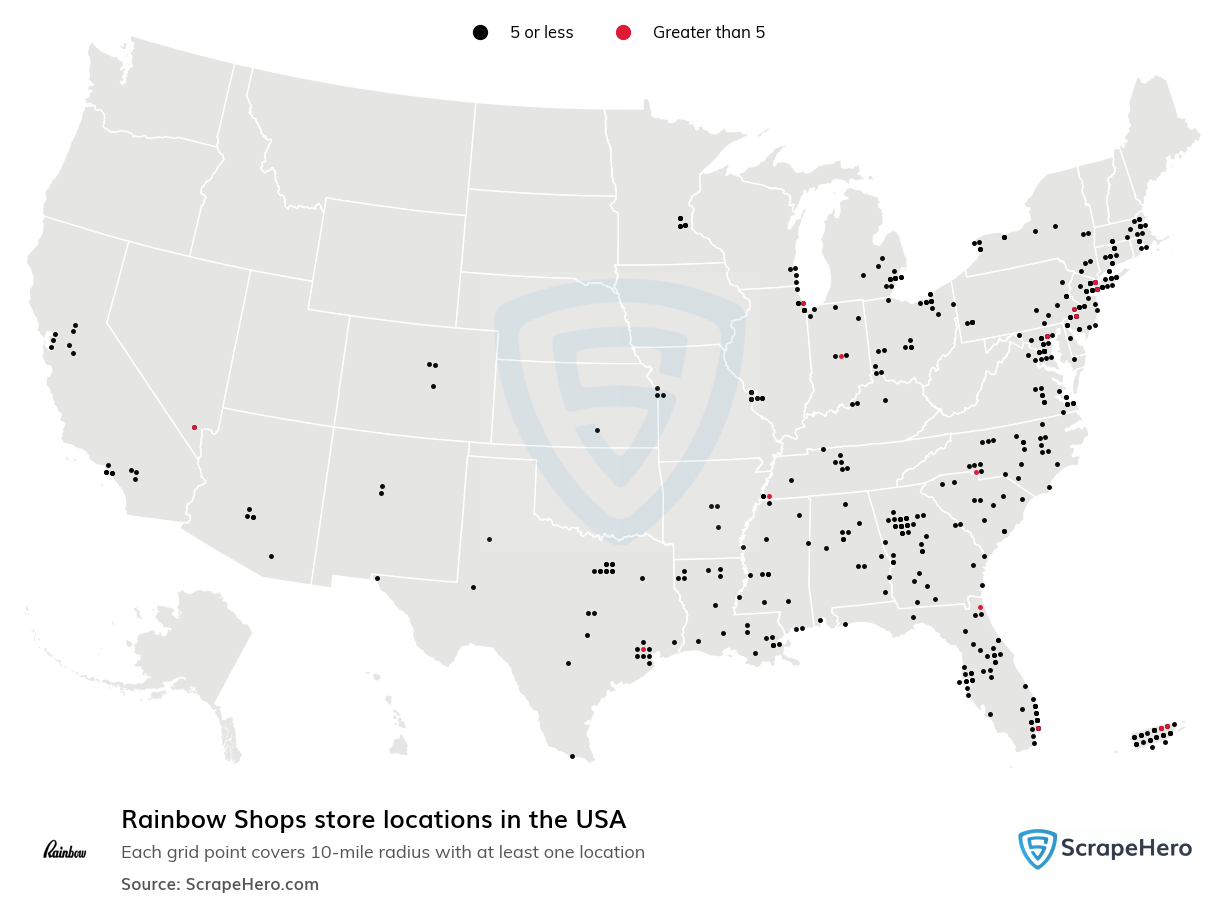 Map of Rainbow Shops stores in the United States