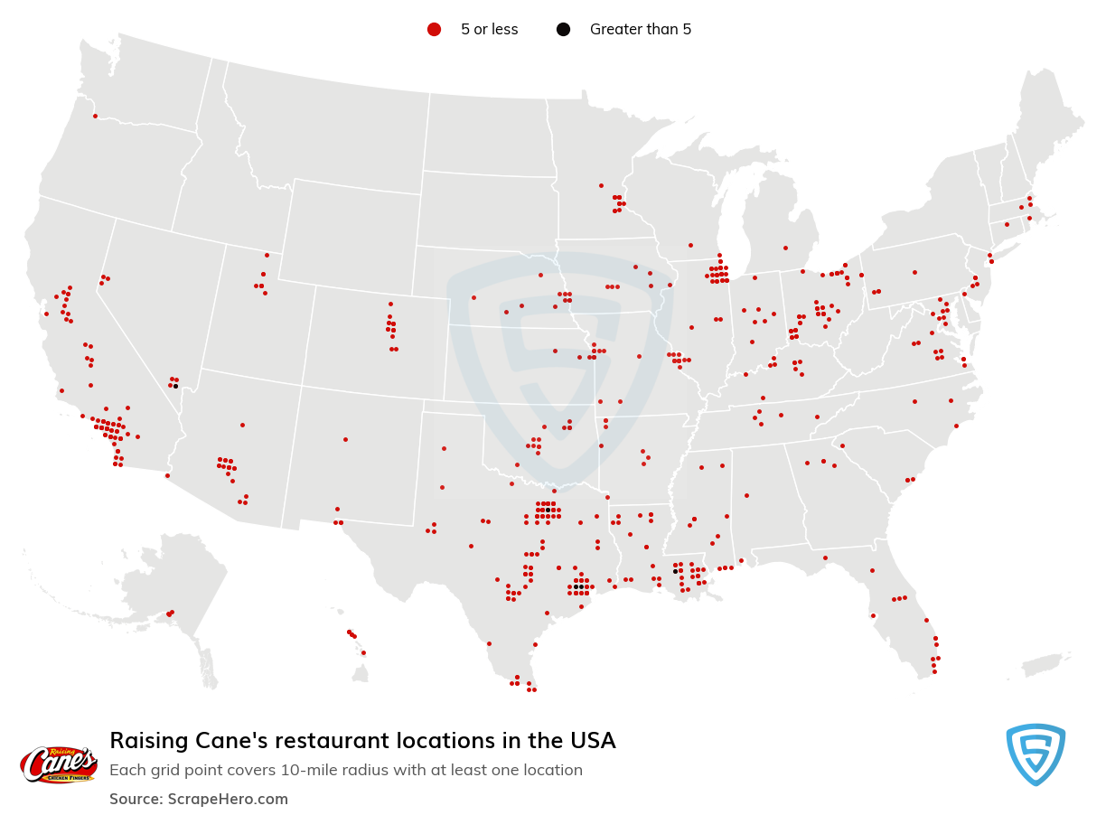 Map of Raising Canes stores in the United States