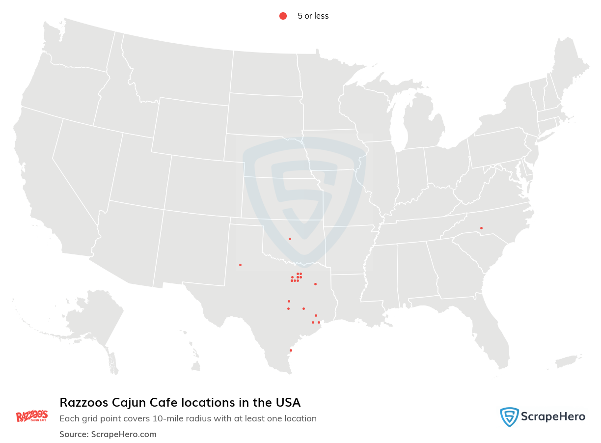Map of Razzoos Cajun Cafe locations in the United States