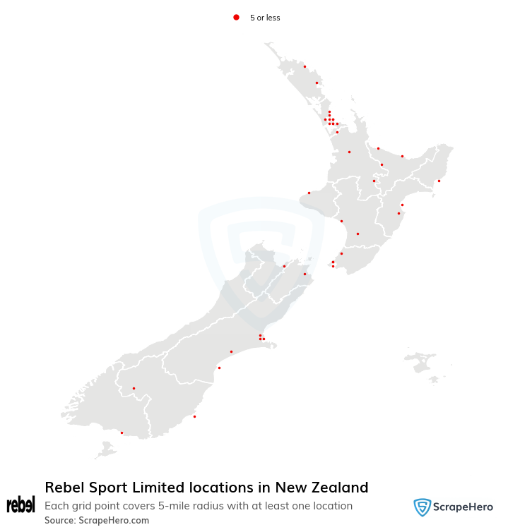 Map of Rebel Sport Limited stores in New Zealand