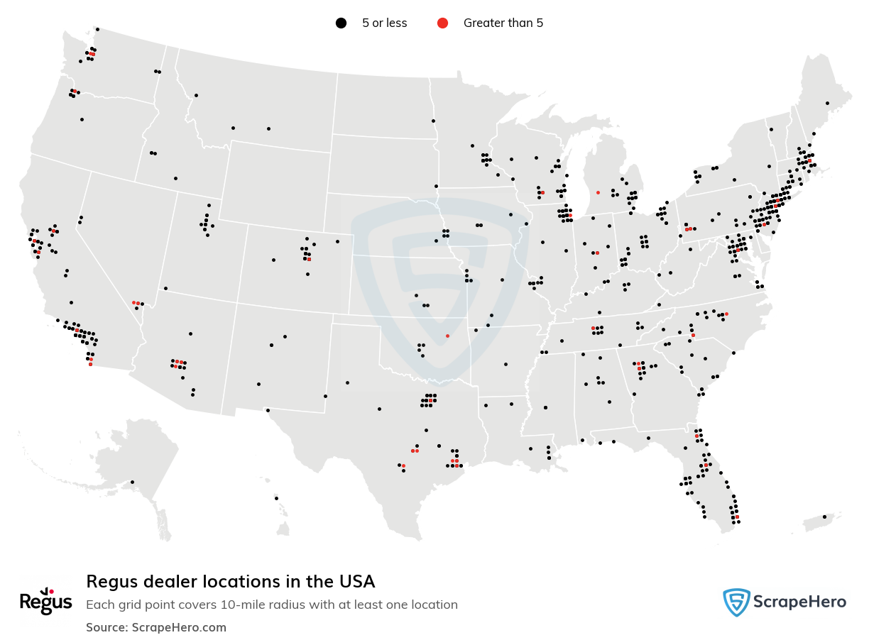 Map of Regus dealers in the United States