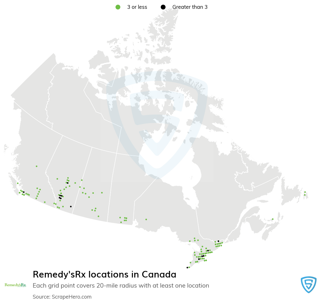 Map of Remedy'sRx locations in Canada in 2022