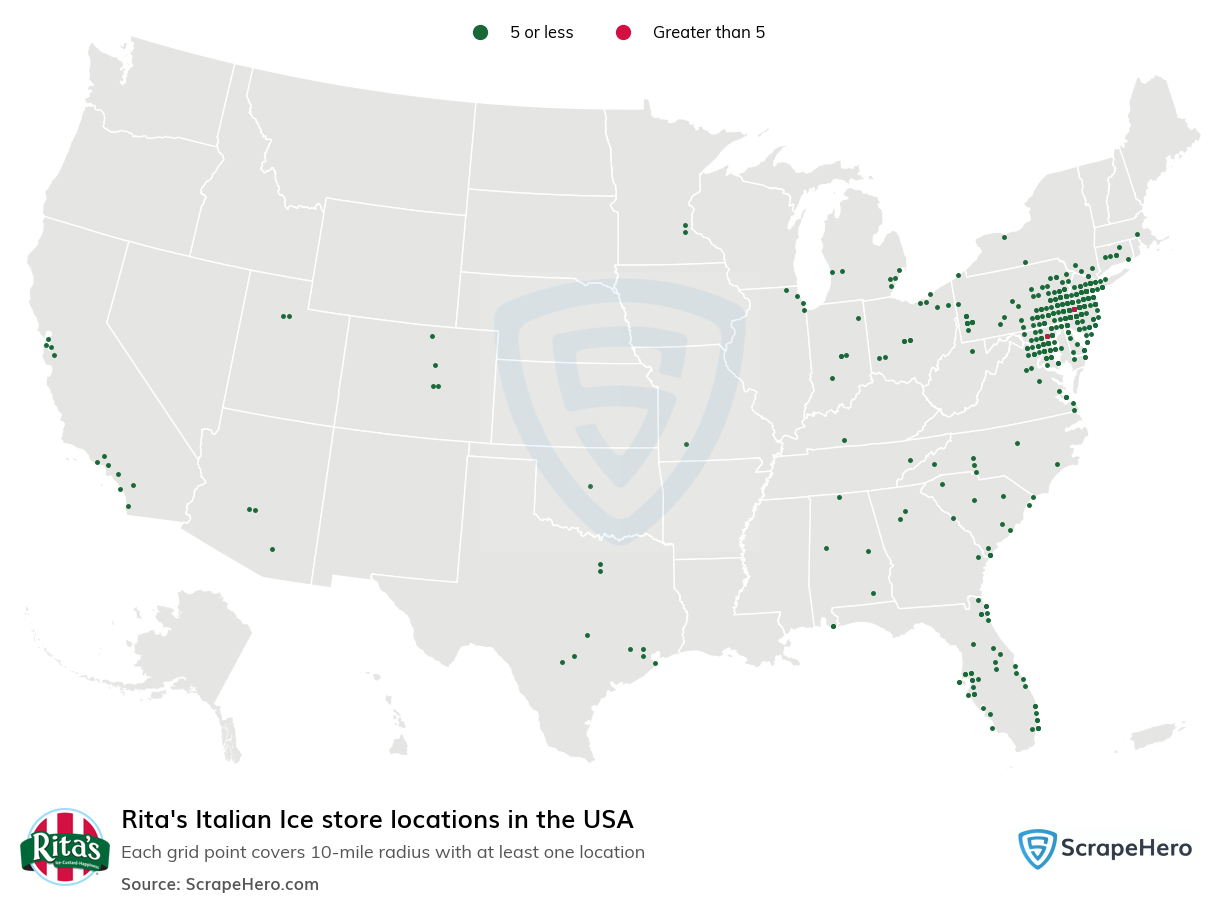 Map of Rita's Italian Ice stores in the United States