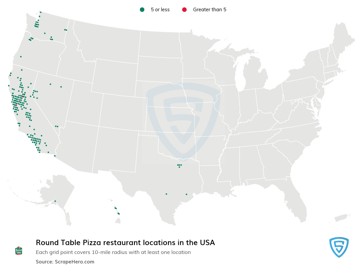 Map of Round Table Pizza stores in the United States
