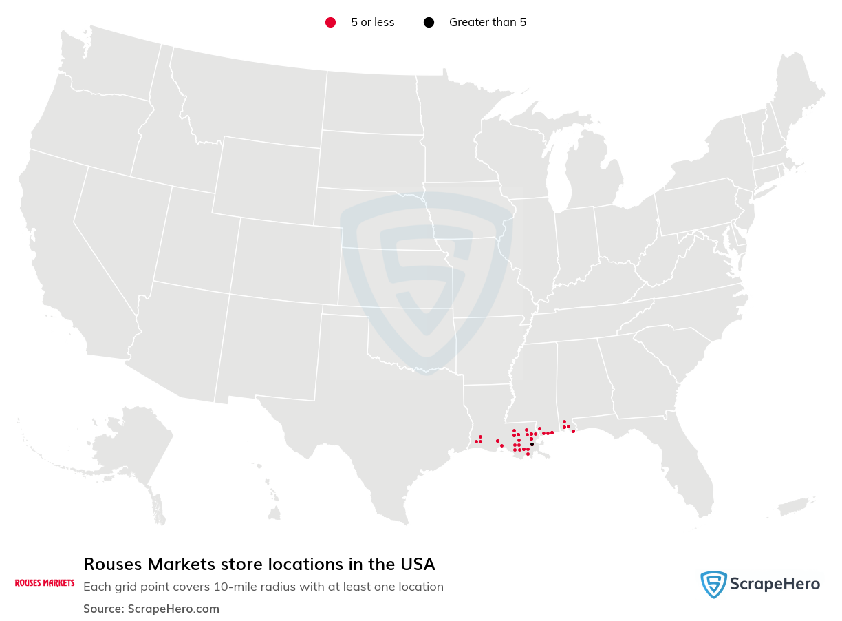 Map of Rouses Markets stores in the United States