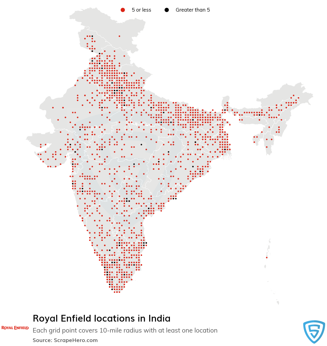 Map of Royal Enfield locations in India in 2022