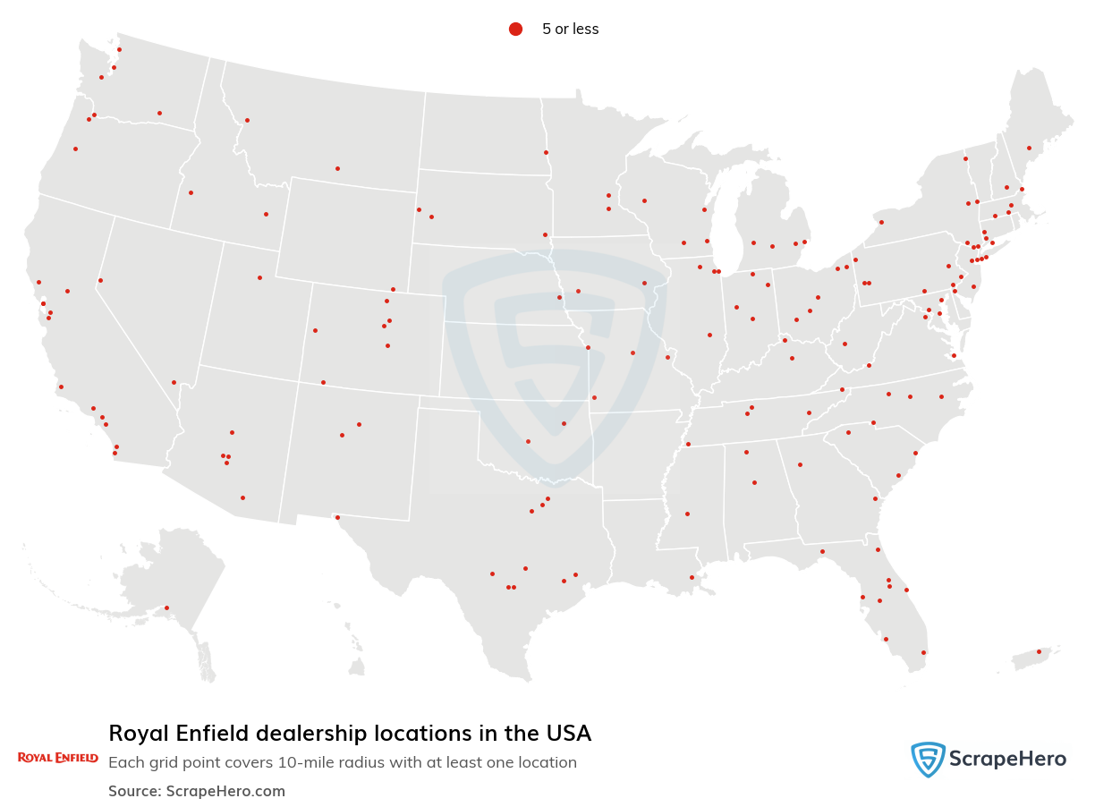 Map of Royal Enfield dealerships in the United States