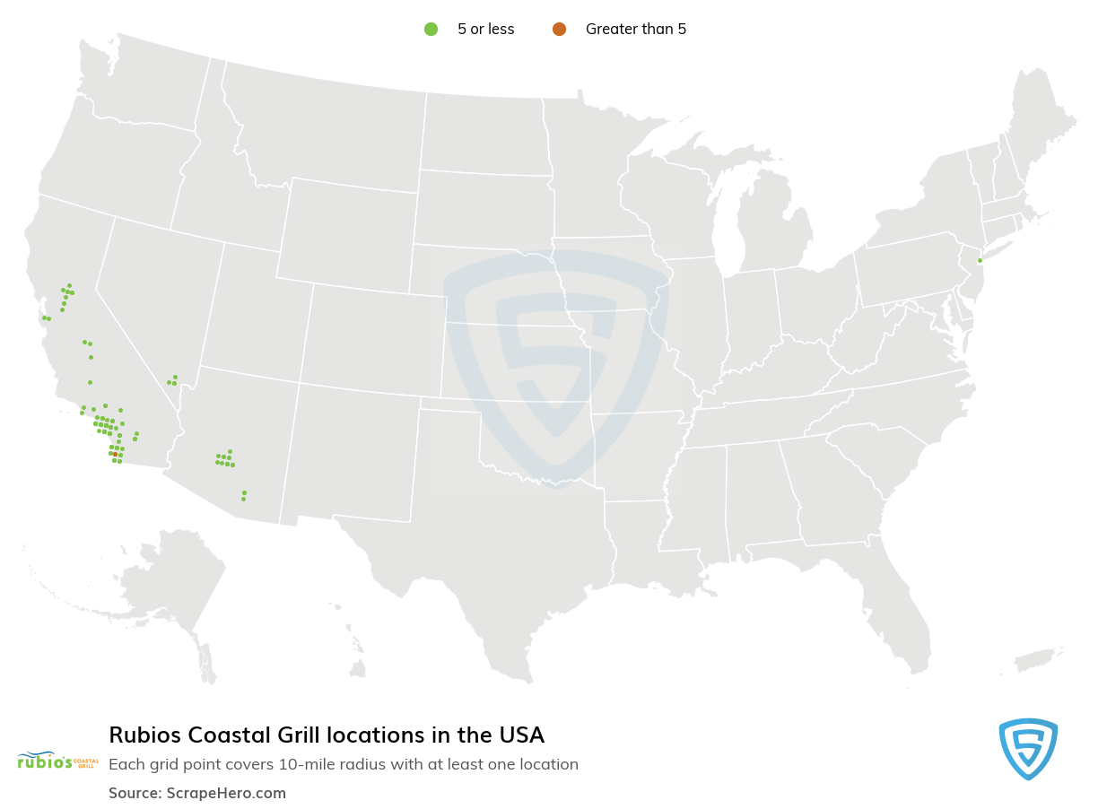 Map of Rubios Coastal Grill locations in the United States in 2022