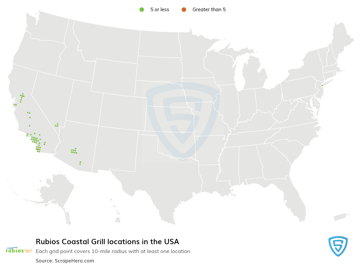 Map of Rubios Coastal Grill locations in the United States