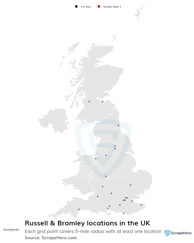 Map of Russell & Bromley stores in the United Kingdom