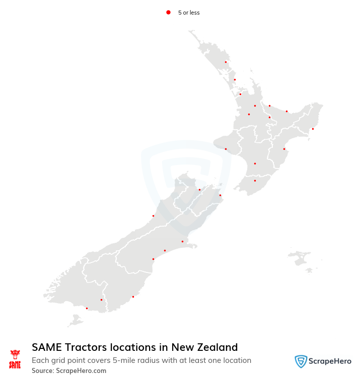 Map of SAME Tractors dealerships in New Zealand