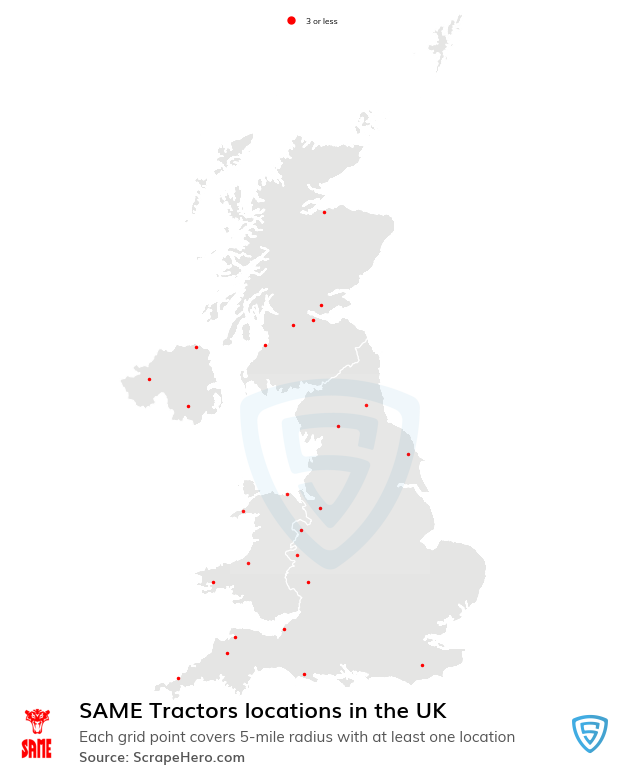 Map of SAME Tractors dealerships in the United Kingdom