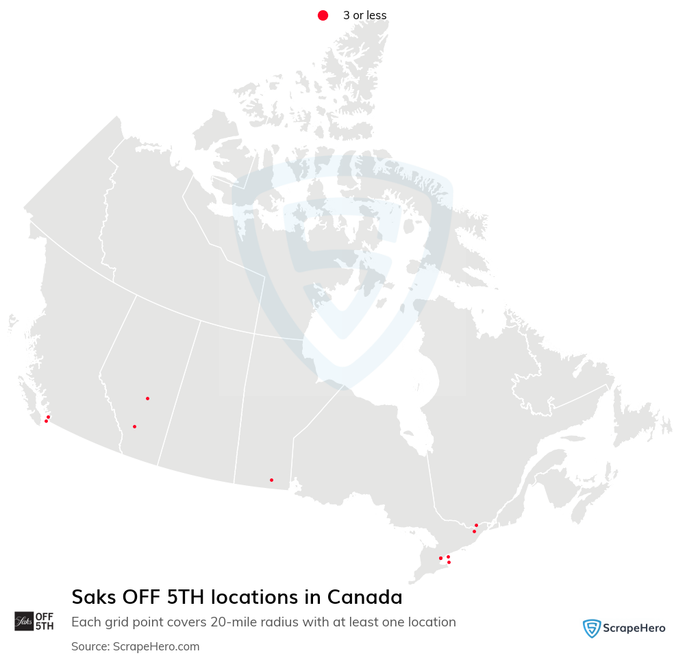 Map of Saks OFF 5TH locations in Canada
