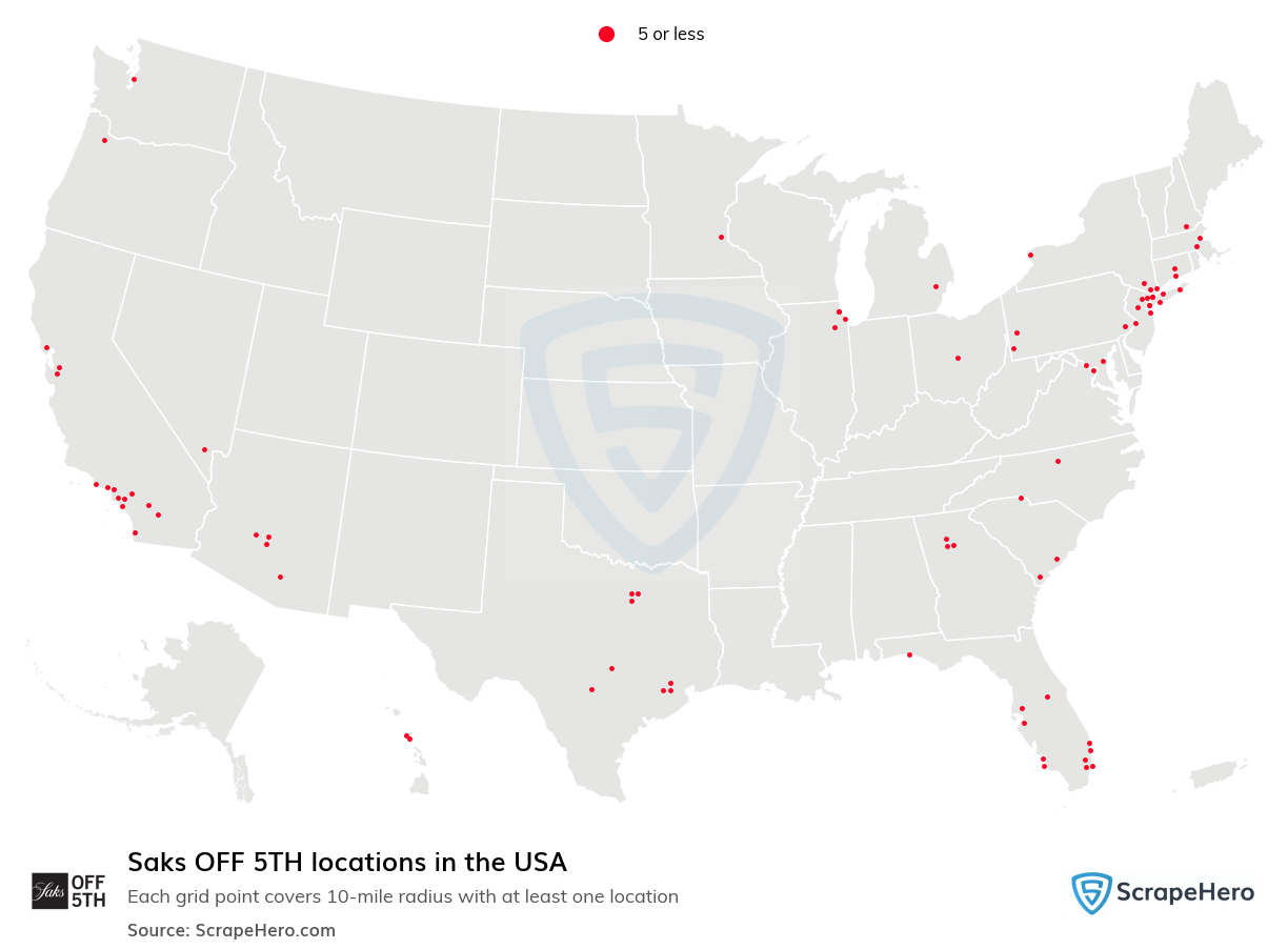 Map of Saks OFF 5TH locations in the United States