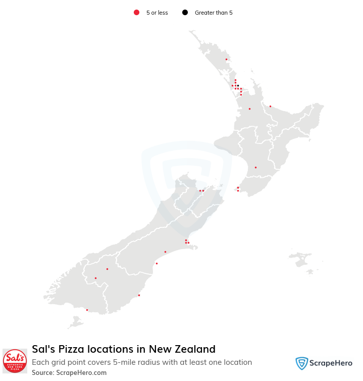 Map of Sal's Pizza locations in New Zealand