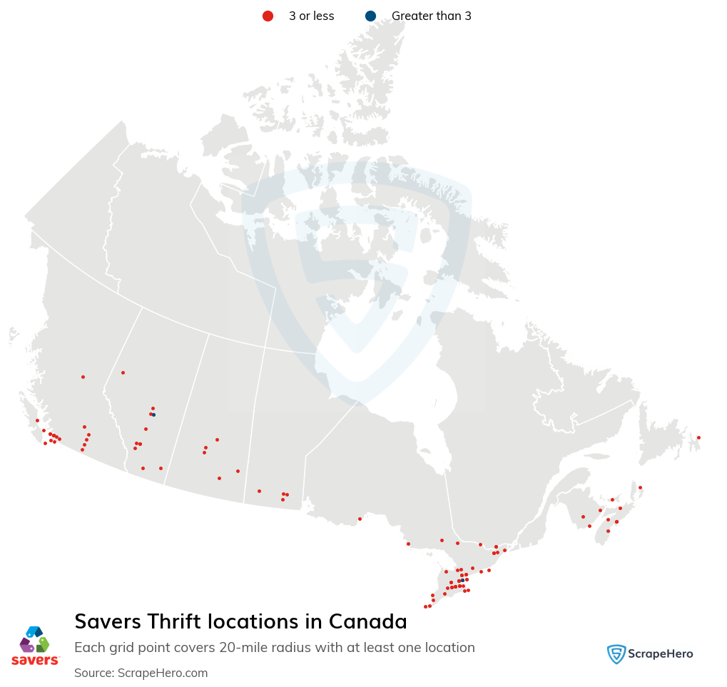 Map of Savers Thrift stores in Canada