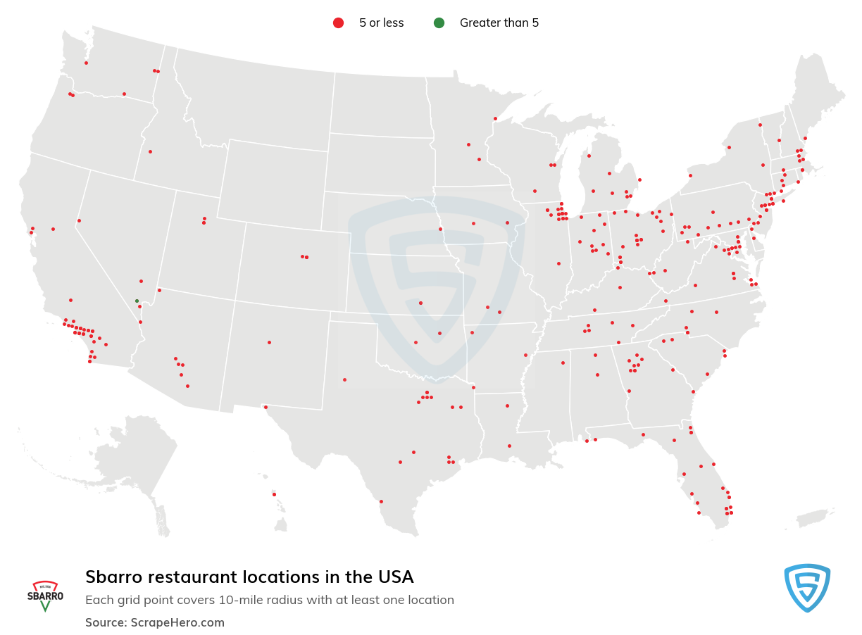 Map of Sbarro restaurants in the United States