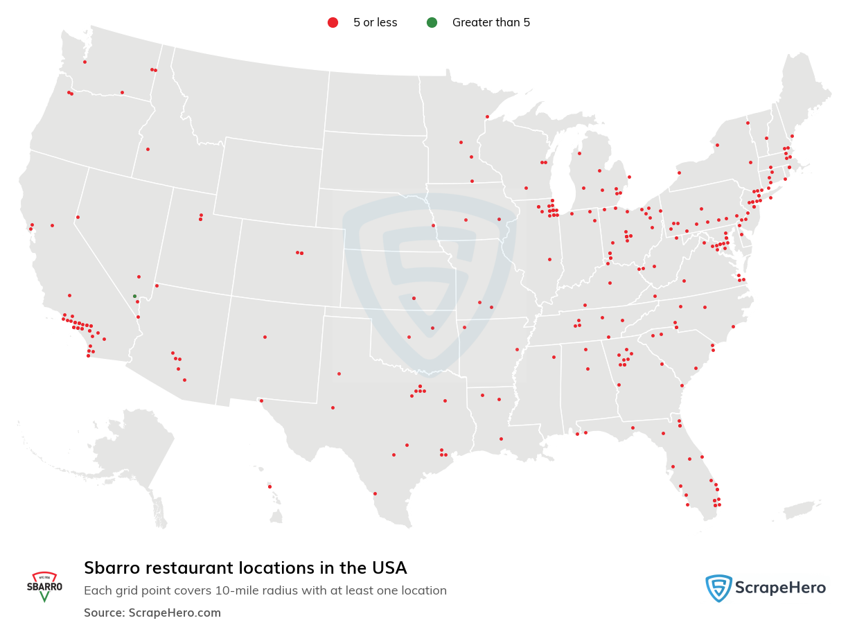 Map of Sbarro restaurants in the United States