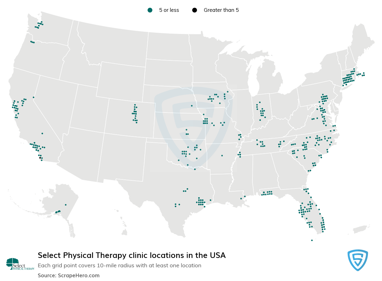 Map of Select Physical Therapy clinics in the United States