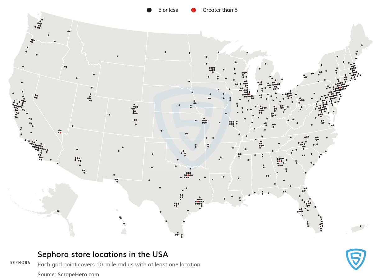 Map of Sephora locations in the United States in 2022