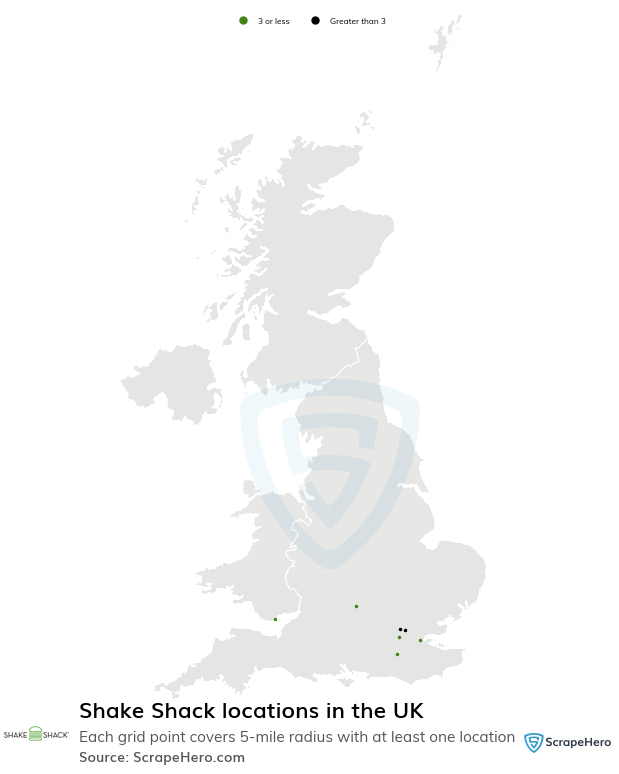Map of Shake Shack locations in the United Kingdom