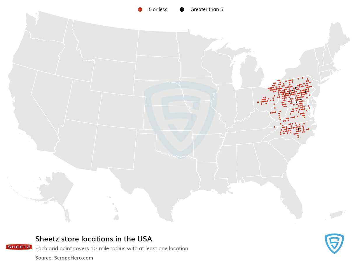 Map of Sheetz locations in the United States in 2022