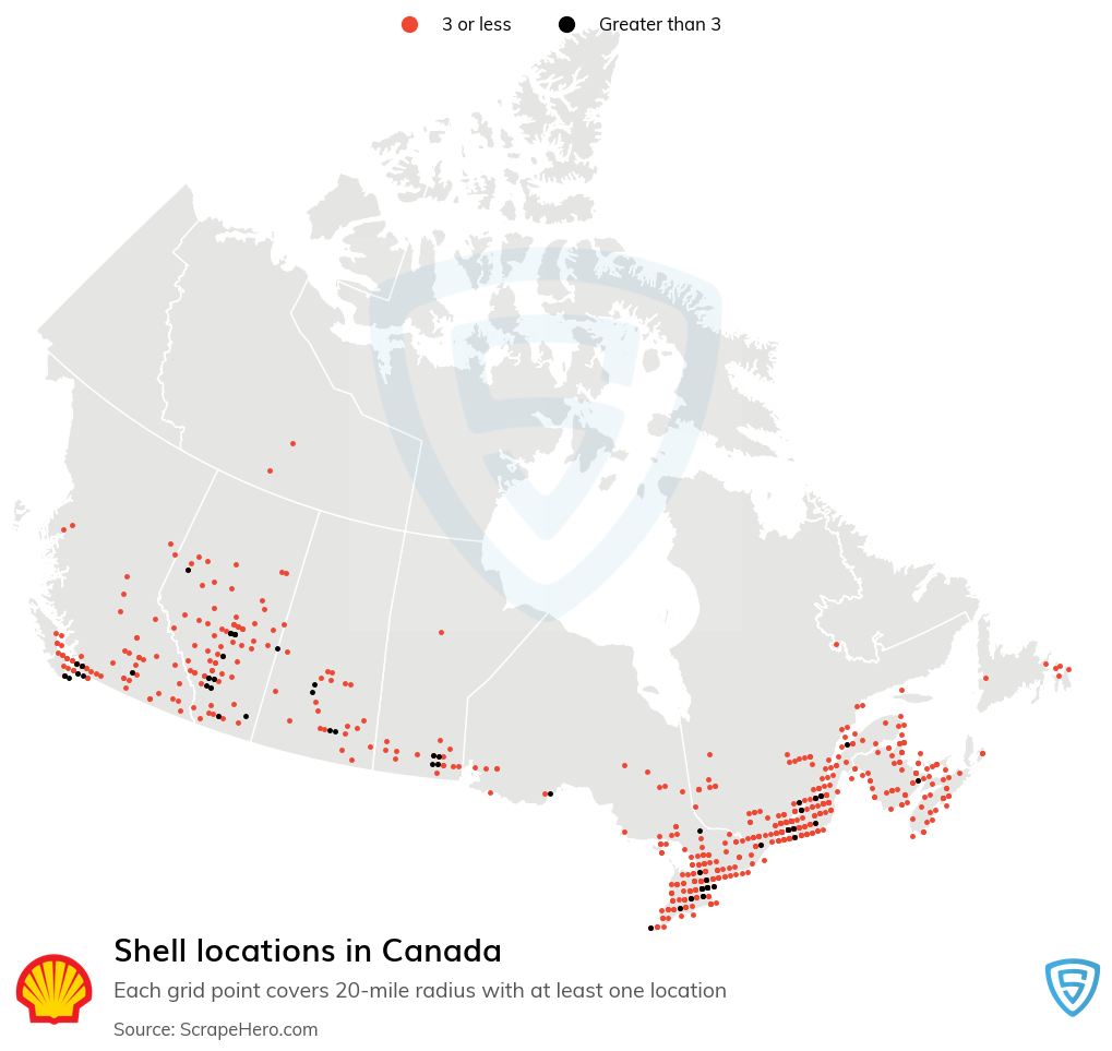 Map of Shell locations in Canada in 2022