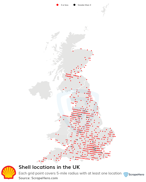 Map of Shell gas stations in the United Kingdom