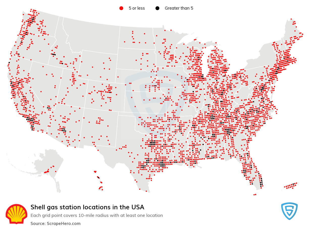 Map of Shell gas stations in the United States