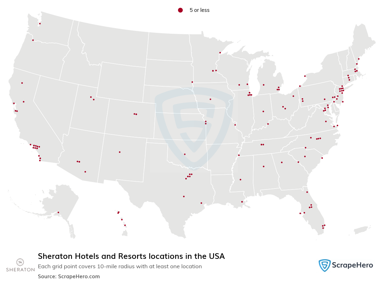 Map of Sheraton Hotels and Resorts locations in the United States