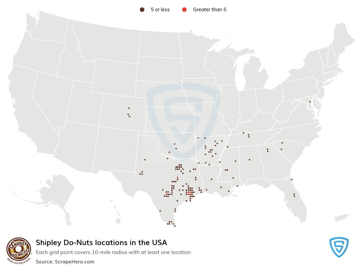 Map of Shipley Do-Nuts stores in the United States