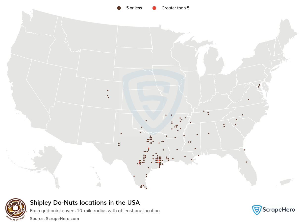 Map of Shipley Do-Nuts locations in the United States