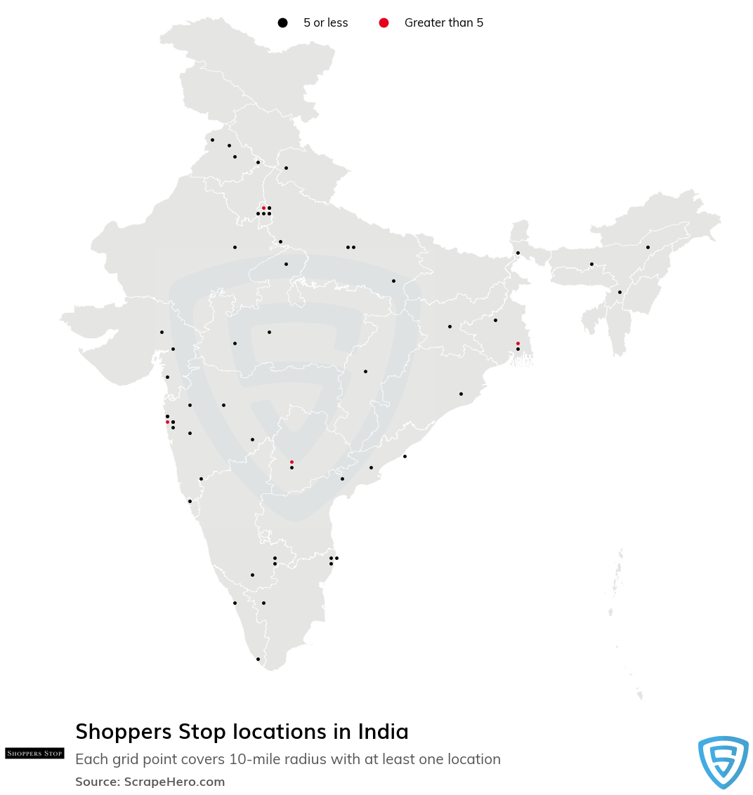 Map of Shoppers Stop locations in India in 2022
