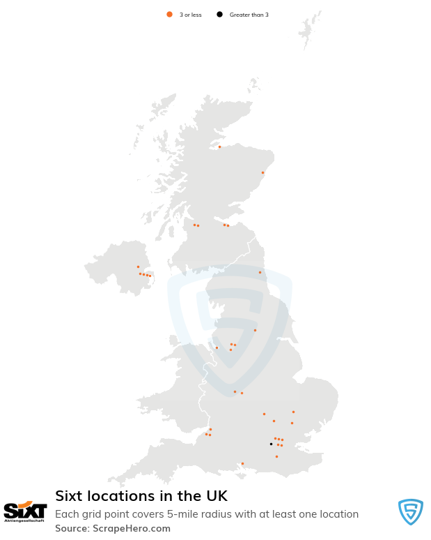 Map of Sixt car rentals in the United Kingdom