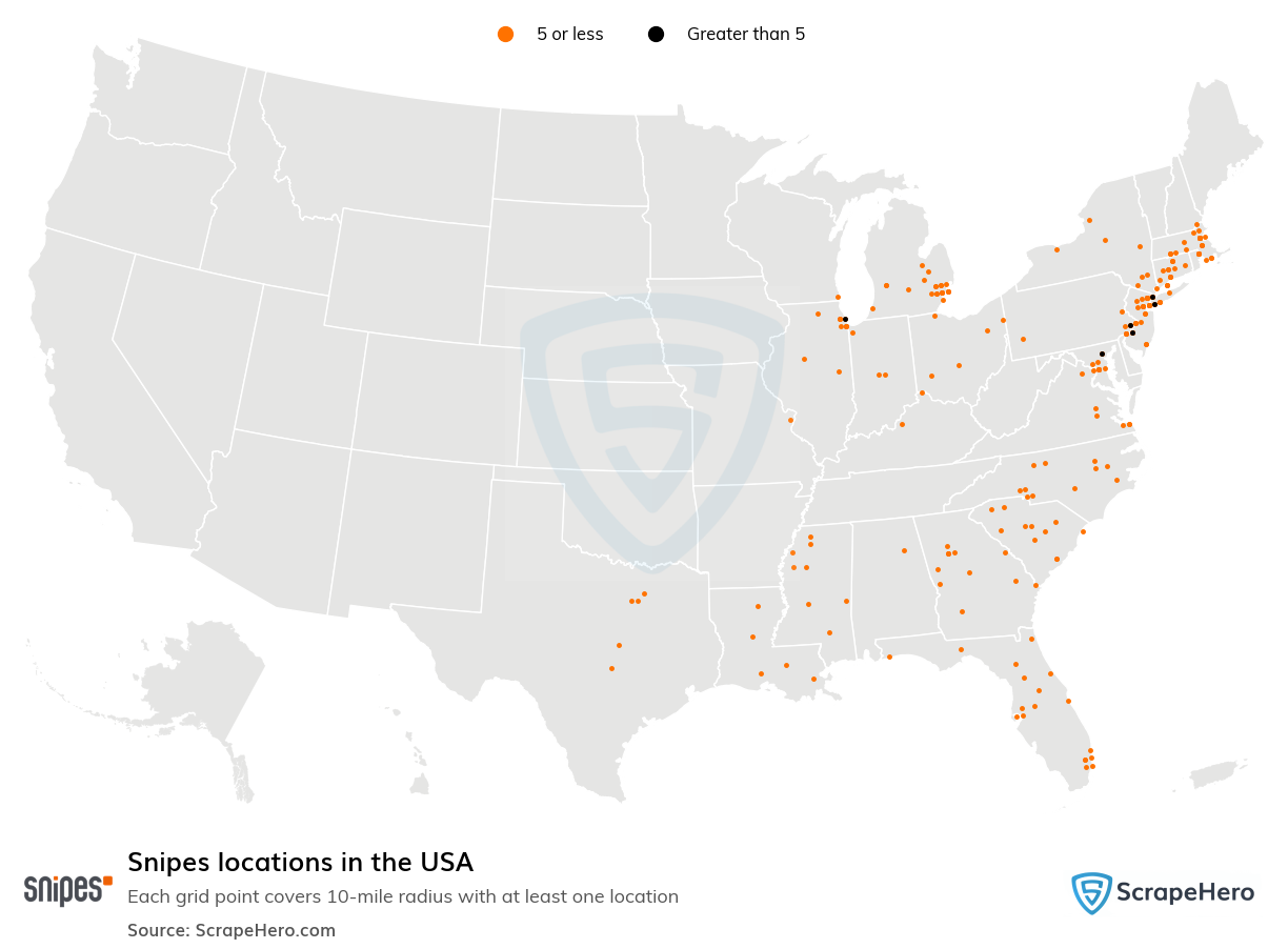 Map of Snipes locations in the United States