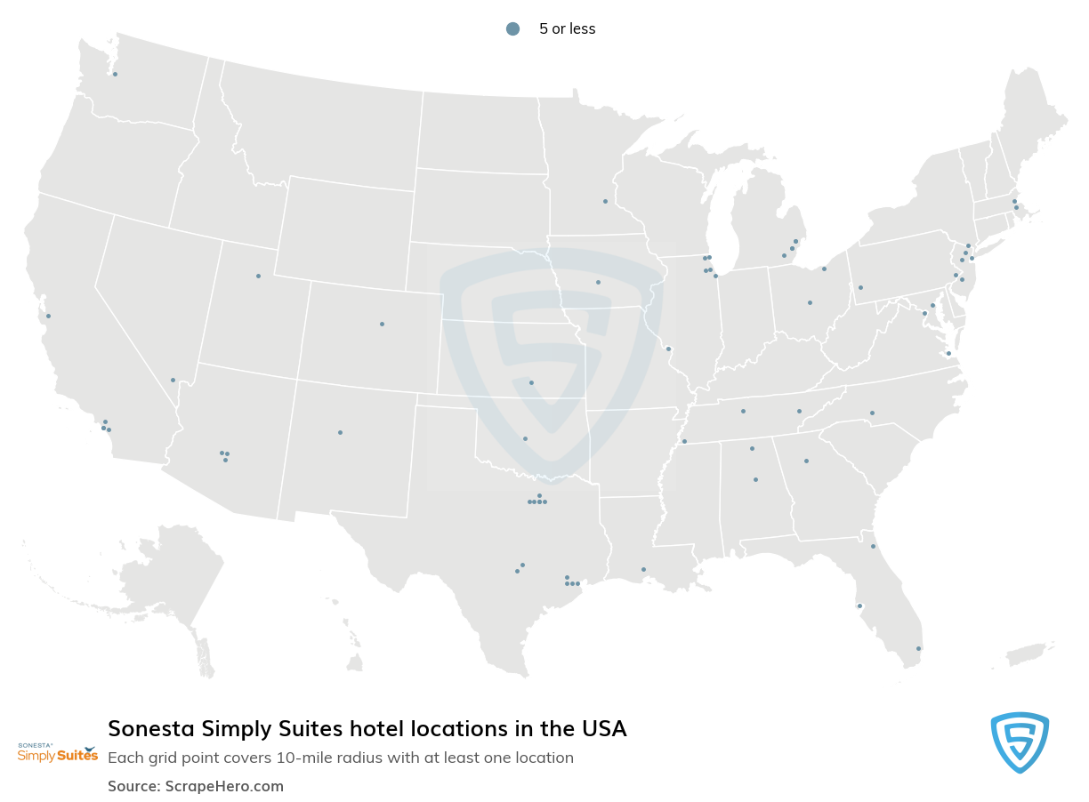 Map of Sonesta Simply Suites hotels in the United States