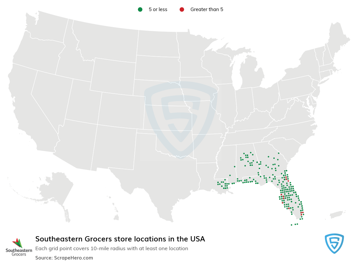 Map of Southeastern Grocers locations in the United States in 2022