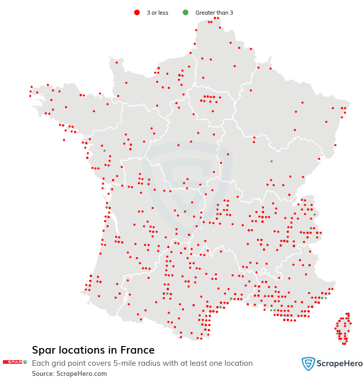 Map of Spar stores in France