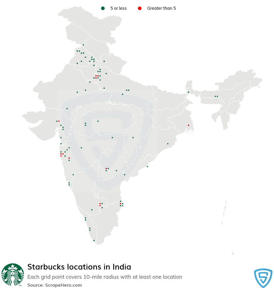 Map of Starbucks locations in India in 2022