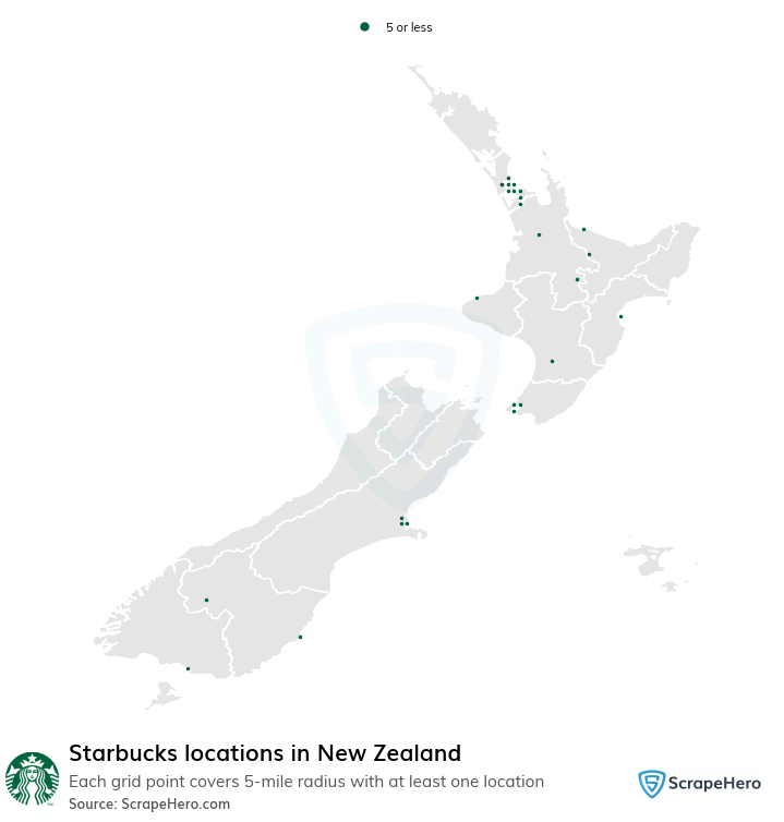 Map of Starbucks locations in New Zealand