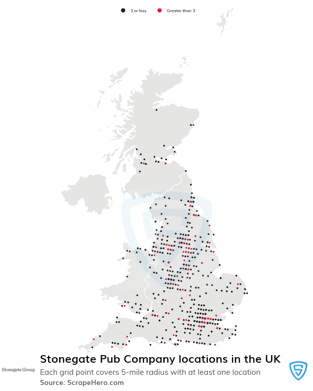 Map of Stonegate Pub Company locations in the United Kingdom