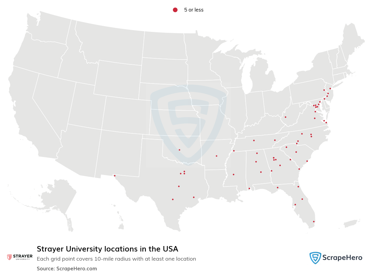 Map of Strayer University locations in the United States