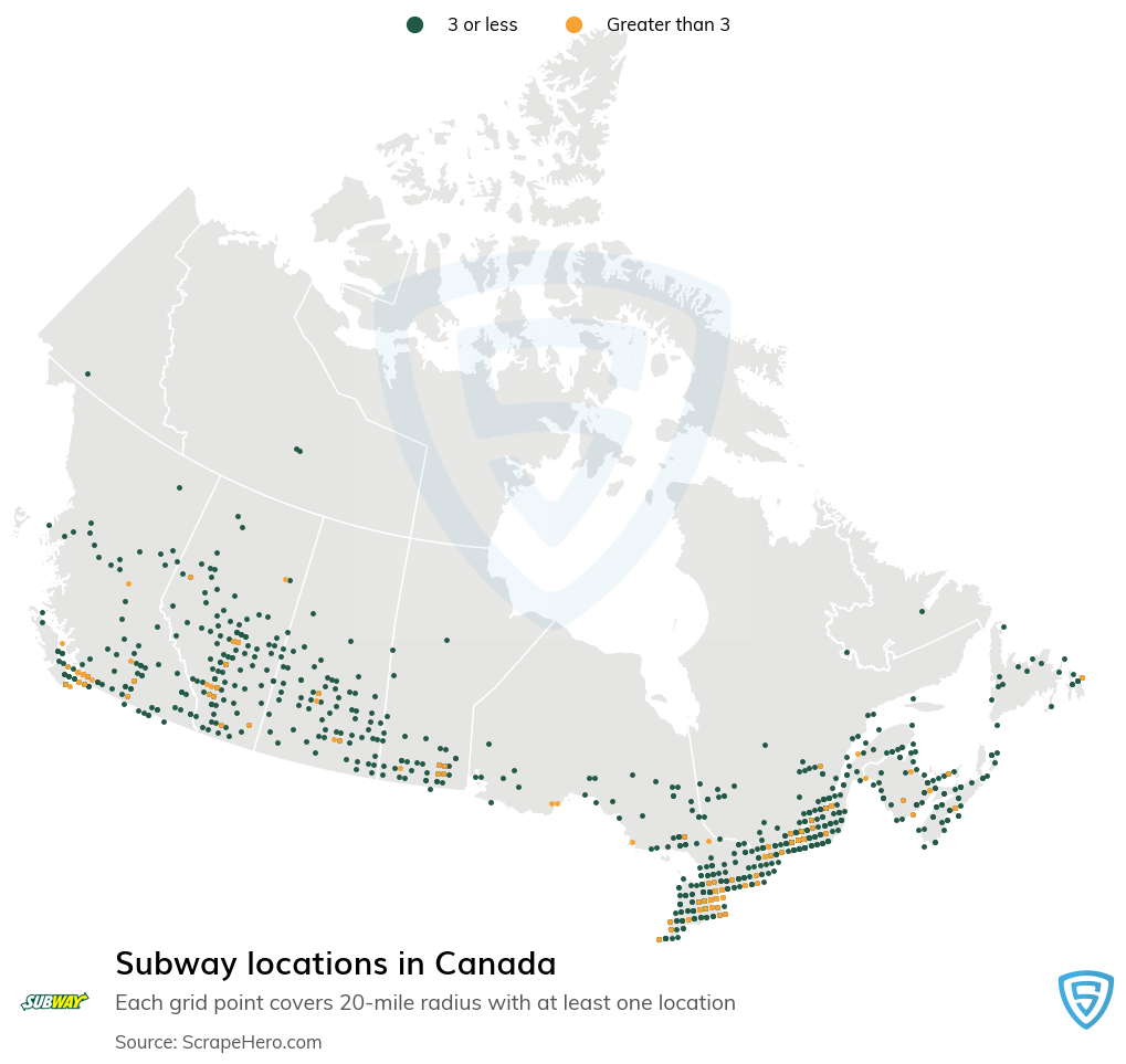 Map of Subway stores in Canada