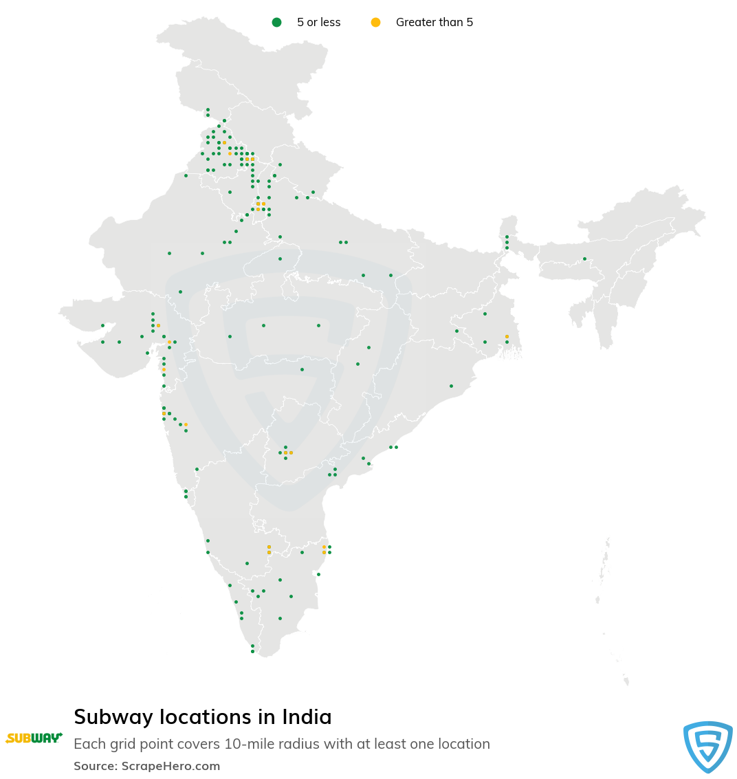 Map of Subway stores in India